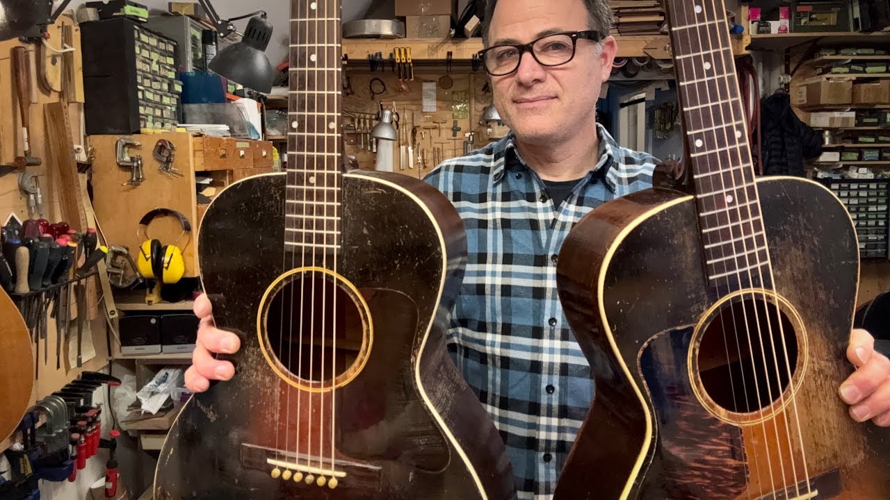 Сравнение гитар Gibson L-00 1933 и 1935 годов выпуска (которые также предназначены для левшей) с ...