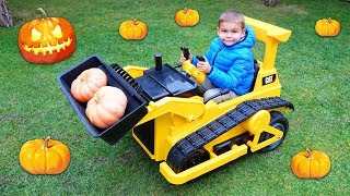 dima harvest pumpkins for halloween on power wheels bulldozer