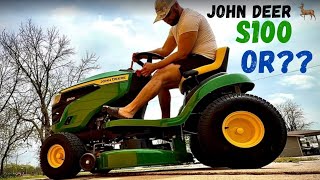 John Deere S100 42in 17.5 HP gas riding lawn mower review 