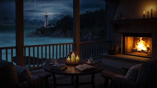 No Ads Rain Falling Over the Beach Porch π² | Relax, Crackling Fireπ₯ Ocean Rain and Drift into Sleep