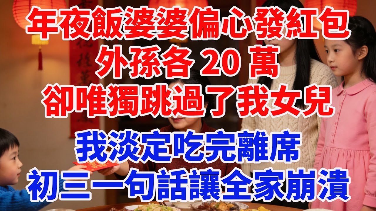 年夜飯婆婆偏心發紅包，外孫各 20 萬，卻唯獨跳過了我女兒，我淡定吃完離席，初三一句話讓全家崩潰#完結故事#情感故事#爽文#婆媳關系#家庭生活#故事頻道#故