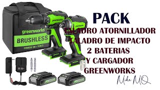 PACK TALADRO ATORNILLADOR Y TALADRO IMPACTO. Greenworks GD24DD35K2 y GD24ID200 CON 2 x 24V 2Ah.