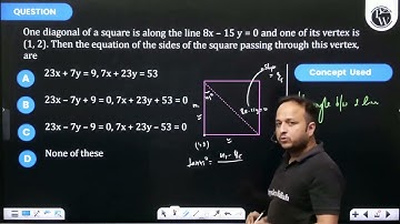 One diagonal of a square is along the line 8x–15y=0 and one of its vertex is (1, 2). ....
