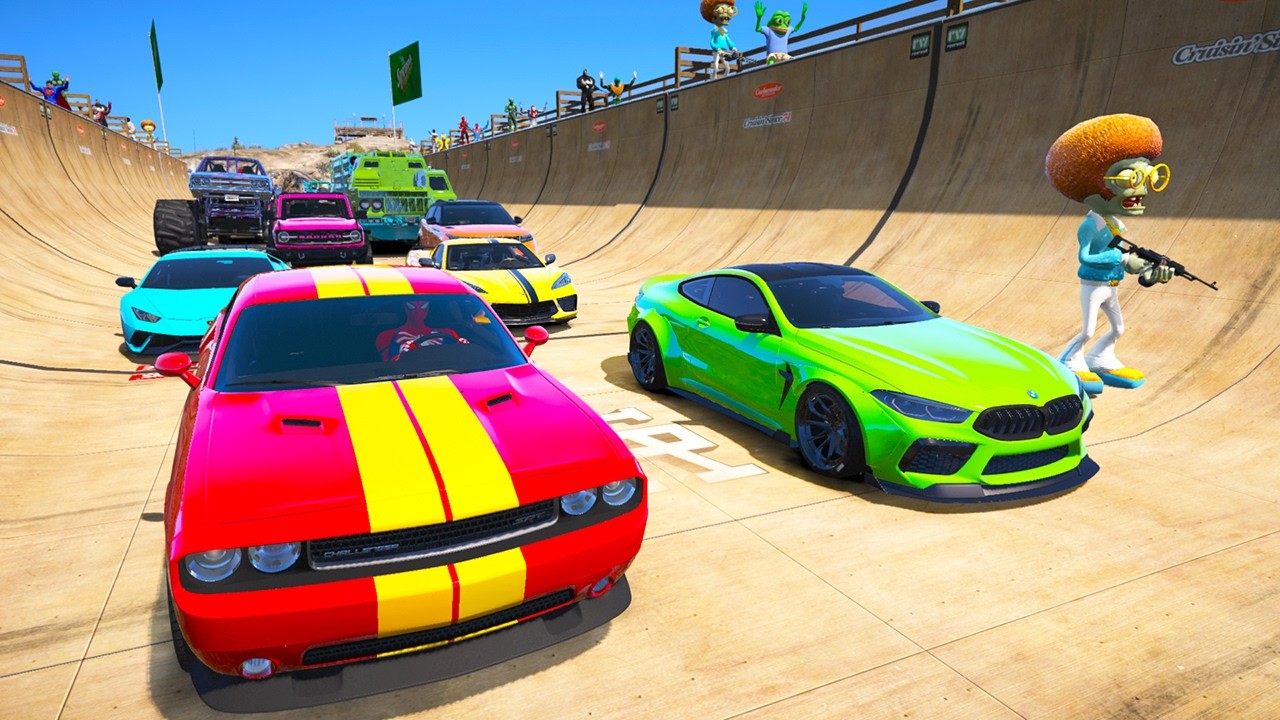 SPIDERMAN Cars Vs Monster Trucks MEGA Ramp Challenge | GTA V Superheroes Hulk Goku Car Stunts Race