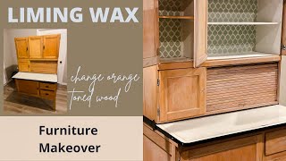 Liming Wax on Hoosier Cabinet to remove orange tint ~ stencil inside with paint