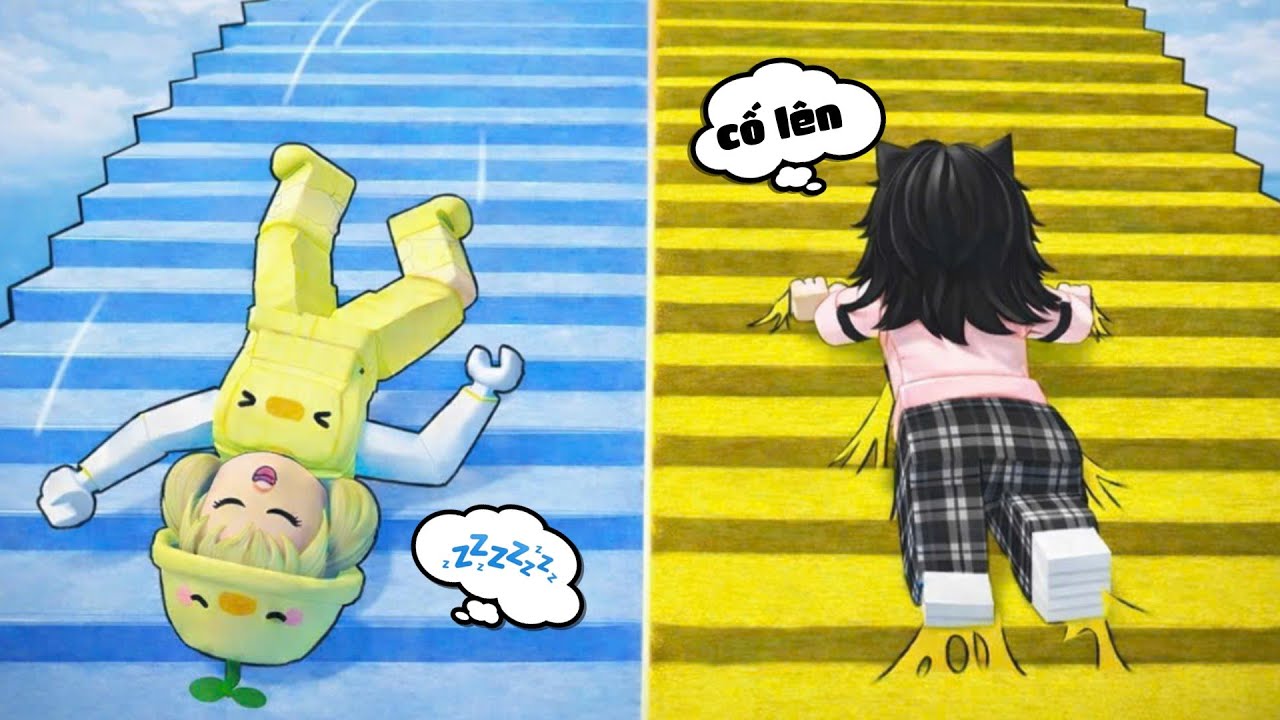 Đi cầu thang siêu trơn trượt cùng nương nhỏ và sương roblox 