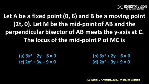 Straight Lines: Let A be a fixed point (0, 6) and B be a moving point (2t, 0). [JEE-Main, 27 Aug 21]
