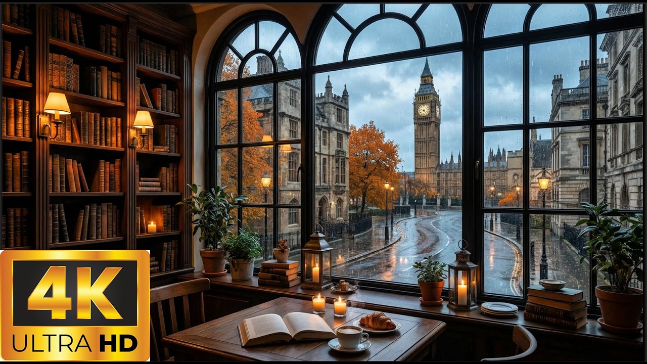 Rainy London Evening Ambience ☔☕📚 | Cozy Library Café with Big Ben View & Soft Jazz Music (4K)