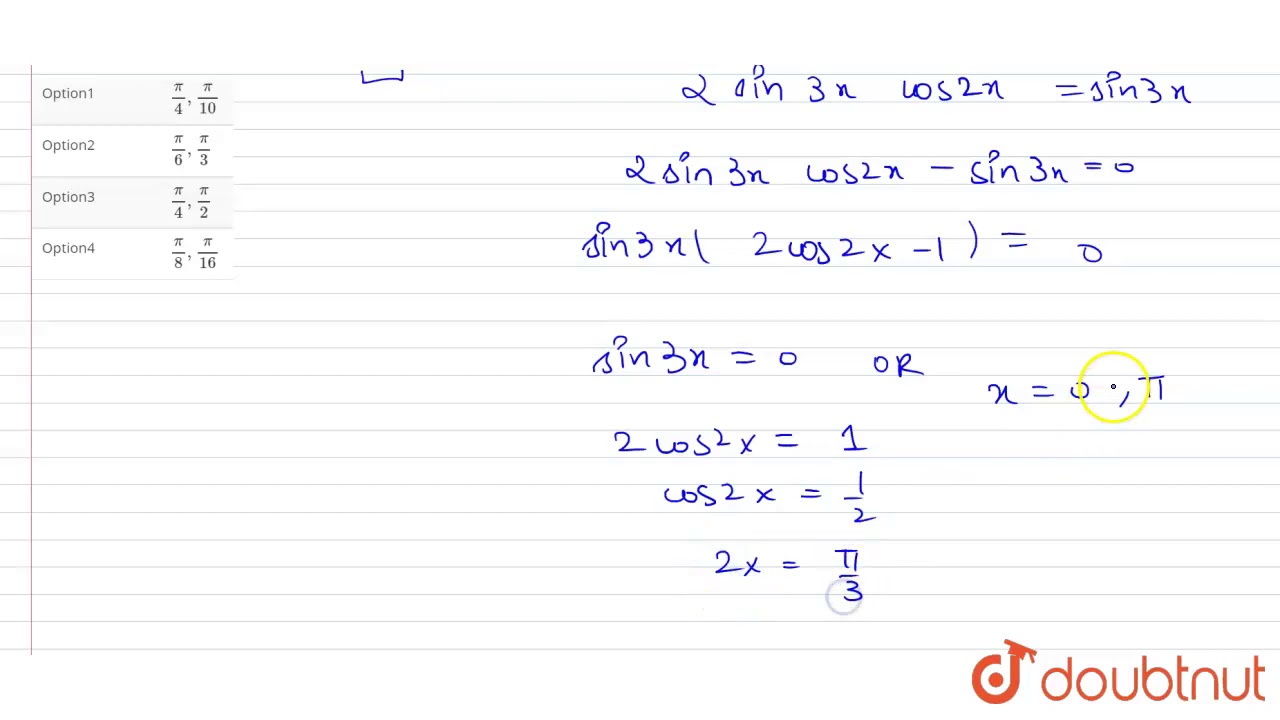 The solution of `sinx+sin5x=sin3x` in `(0,(pi)/2)` YouTube