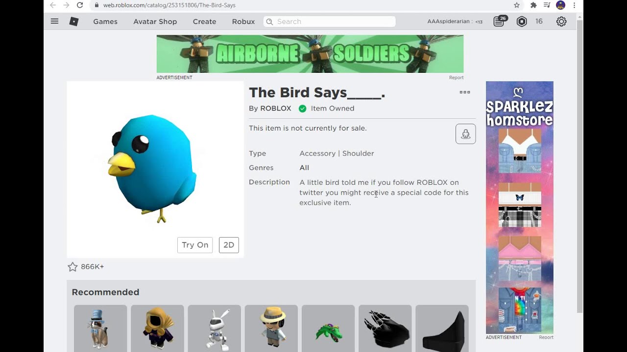 How To Get The Bird Says Shoulder Pal On Roblox Free YouTube 