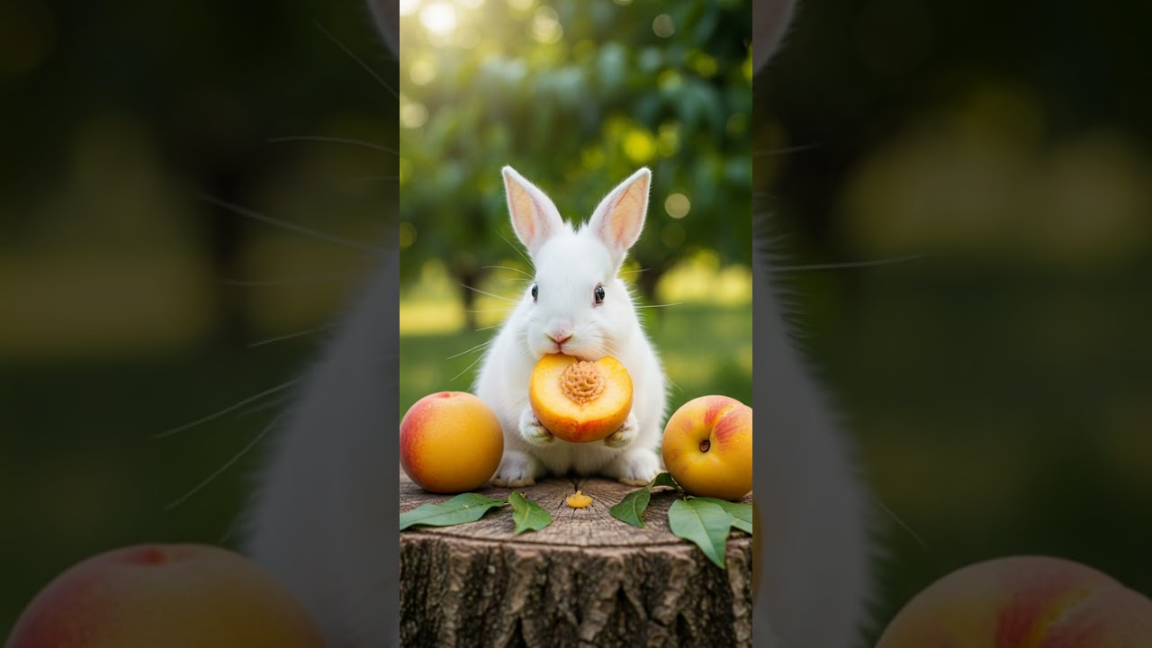 Little rabbit eating peach Cute pet rabbit adorable snack time 
