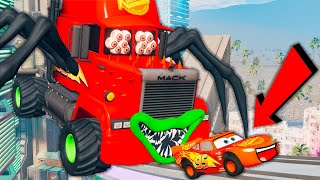 Big & Small: Mcqueen with Spinner Wheels vs Long Monster Truck Tow Mater vs Thomas Trains - BeamNG