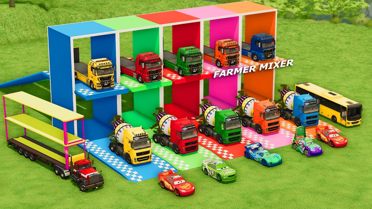 TRANSPORTING MIXER TRUCK, EXCAVATOR with Double Flatbed Trailer, MC QUEEN, VOLVO, SCANIA FS22 #04