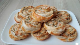 Быстрая закуска из слоеного теста с красной рыбой. Blätterteig-Lachs-Schnecken