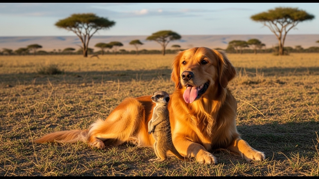 A dog adopted a meerkat pup that was running away from an eagle.