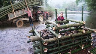 Building a bamboo bridge to the island off grid - Making the first stone and bamboo bridge piers