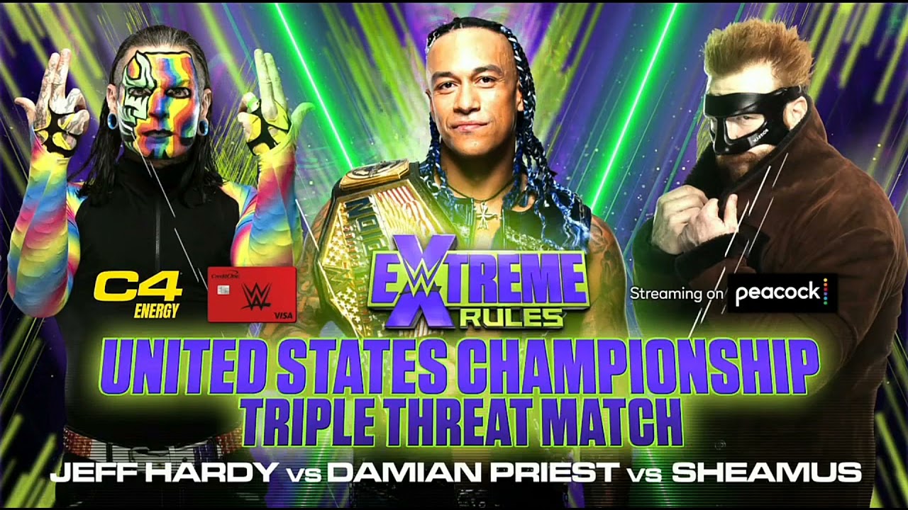Damian Priest VS Sheamus VS Jeff Hardy US Championship Match Card Extreme Rules: September 26, 2021.