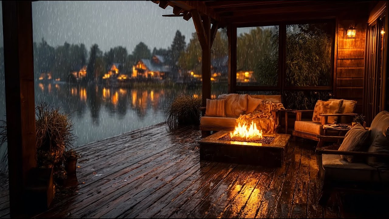 Rainy Night on Cozy Lakeside Cabin | Fireplace & Gentle Thunder for ...