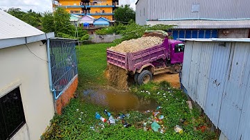 Full Landfill Complete 100% !! Team Truck Unloading Stone with Komatsu Bulldozer D20P push Stone