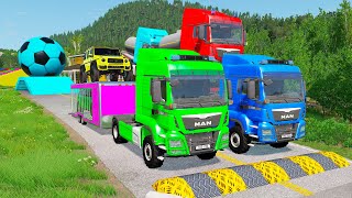 Double Flatbed Trailer Truck vs Speedbumps Train vs Cars | Tractor vs Train Beamng.Drive 059