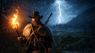 Fire-Torch Night Walk in Thunderstorm | Arthur Morgan 4K Cinematic Ambience | Rain for Deep Sleep screenshot 5