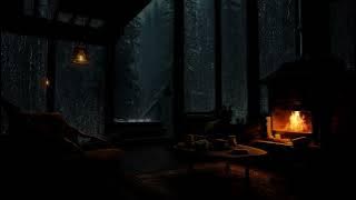 Cozy Rain Ambience in Cozy Wooden House in the forest with Rain falling on window and Crackling Fire