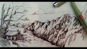 Pen and Ink Drawing Tutorials | How to draw a mountain landscape