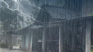 Heavy rain and wind thunderstorm sounds for sleeping, fall asleep with relaxing white noise village