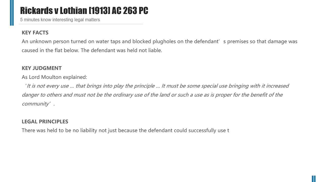 [Case Law Tort] ['strict liability'] Rickards v Lothian [1913] AC 263 PC