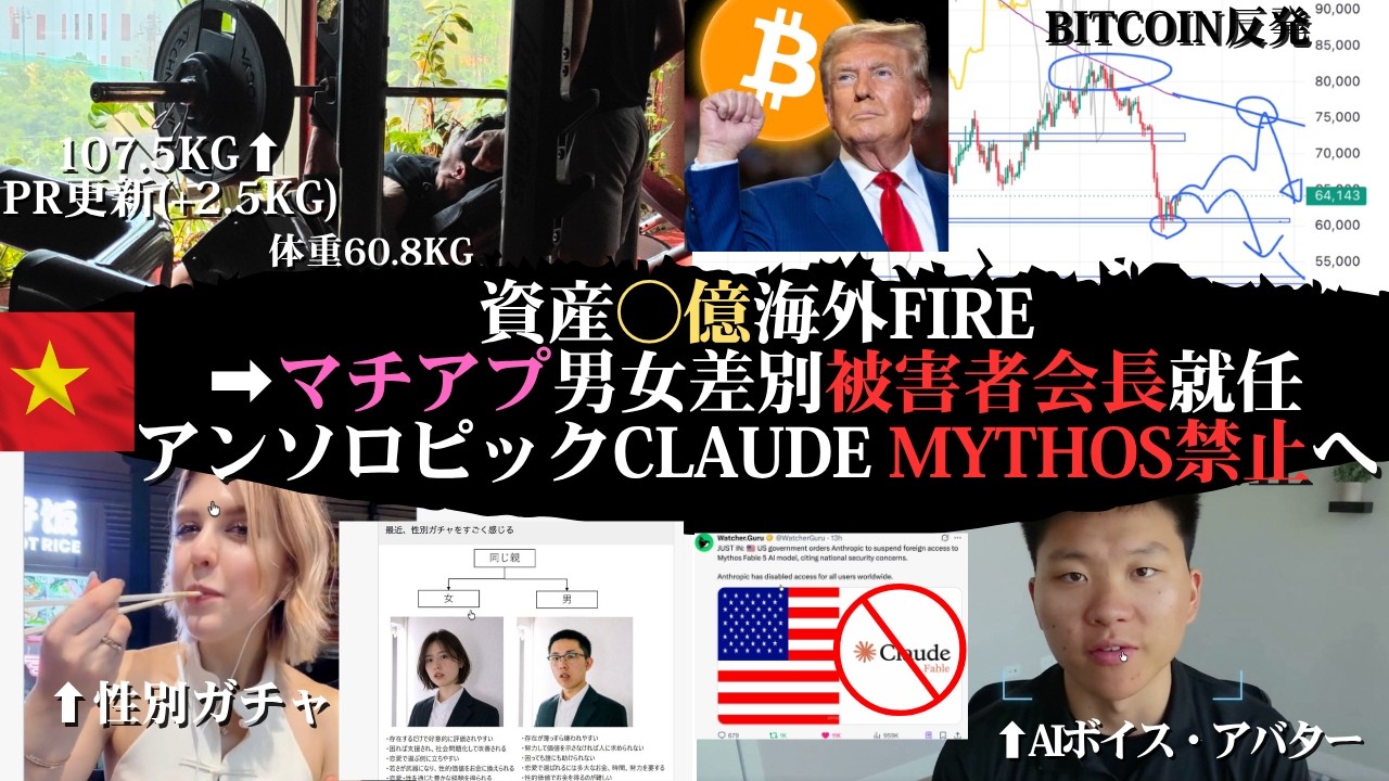 【億り海外FIREマッチョ】アンソロピックMythosとFable5禁止へ!女尊男卑な街コン・マチアプ、インクラインベンチ107.5kg PR更新!ビットコイン反発