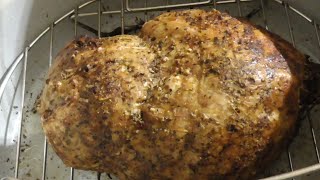 Frozen boneless cajun turkey breast roast 60min under pressure 30min
air crisp flip halfway (hit with olive oil if looks dry) *let rest for
10min upside down...