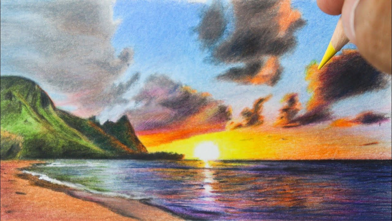 Como desenhar uma paisagem de praia com Por do sol