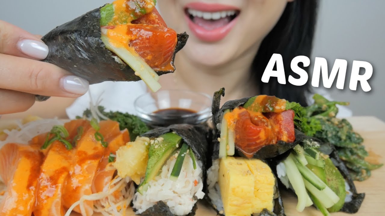 ASMR SUSHI *Assorted Maki Sushi Cone with Spicy Salmon Sashimi Relaxing Eating Sounds | N.E