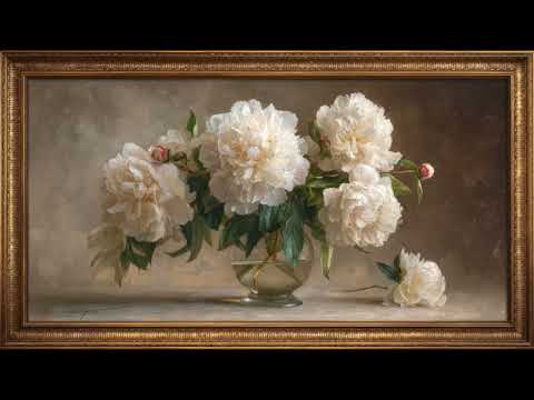 Vintage White Peonies Painting | Gold Frame TV Art | Art Screensaver for TV | 4K Frame TV Background