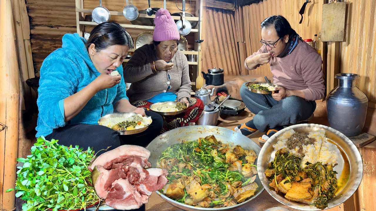 Fenugreek Greens & Pork Curry Eating with Rice | Pork Recipe Cooking in Village | Simple Life Nepal