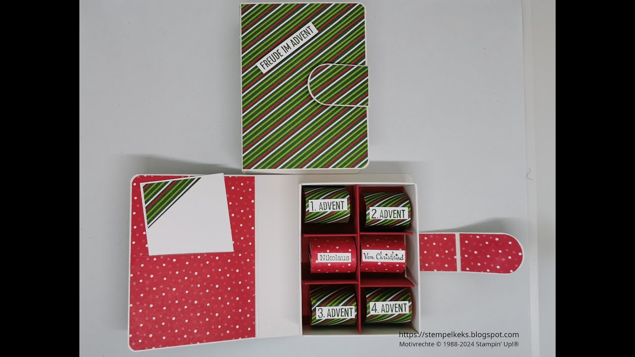 Leckereien-Schachtel in Buchoptik mit 6-er Teilung und Verkleidung aus DP 6