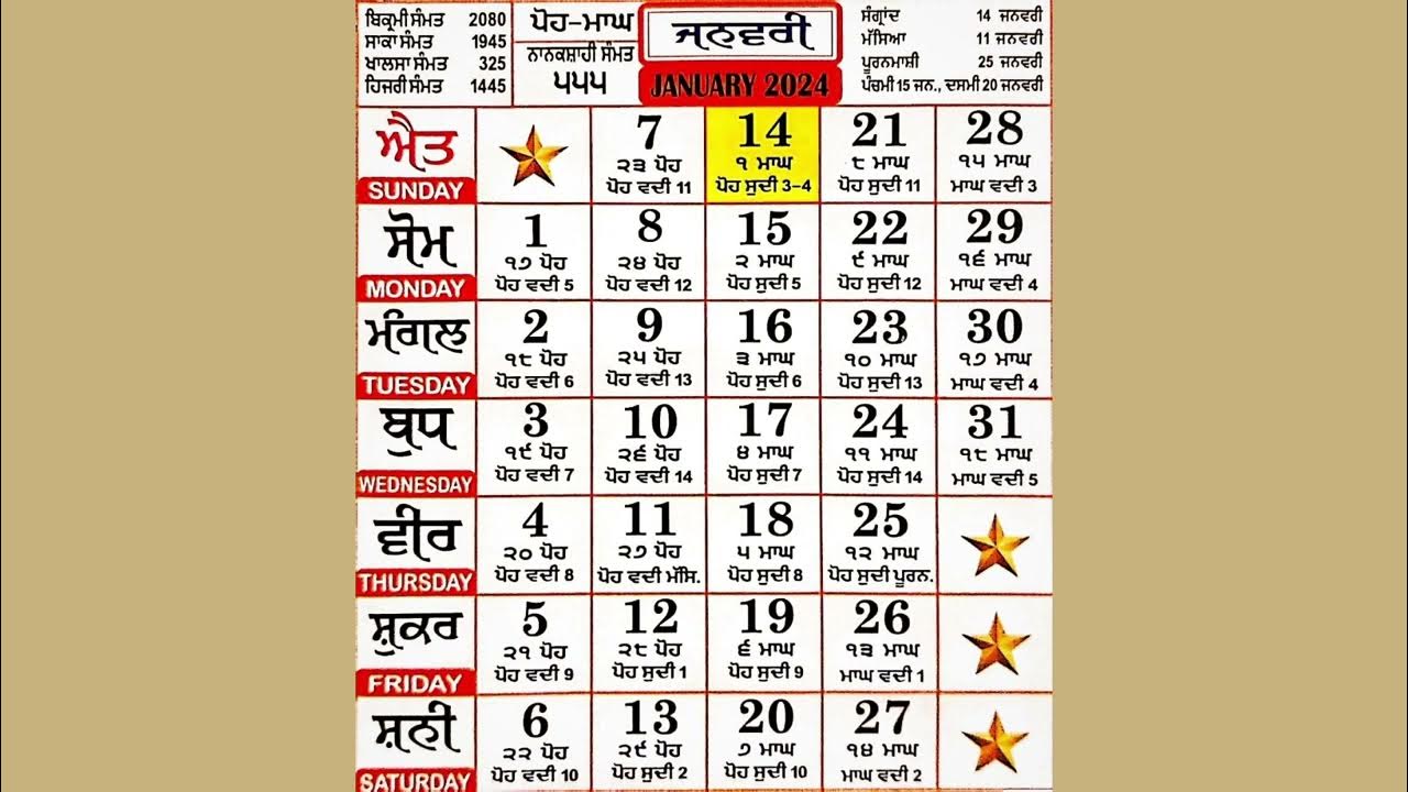 nanakshahi calendar january 2024 Khalsa Jantri January 2024