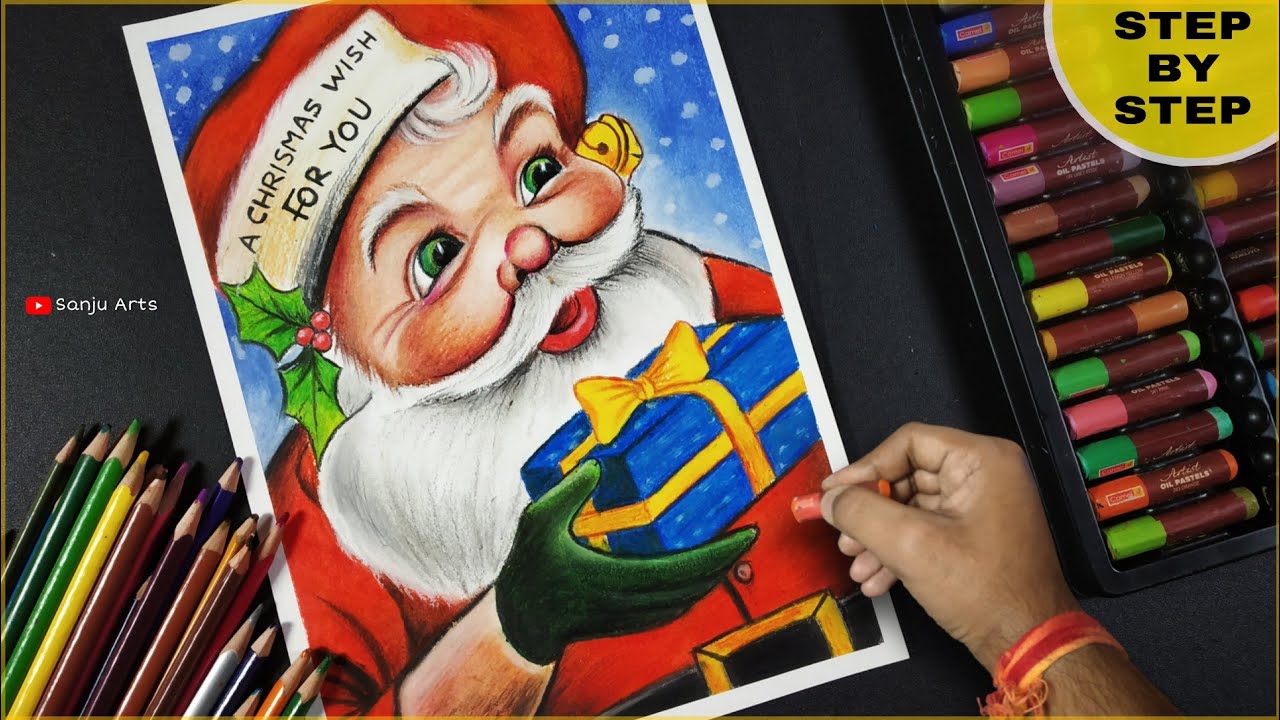How to draw Santa Claus, Santa Claus drawing with oil pastel ...