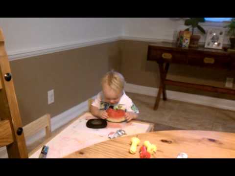 Toren eating watermelon