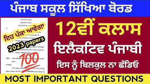 Pseb 12th class Elective Punjabi 2023,pseb 12th class Elective Punjabi final paper 2023
