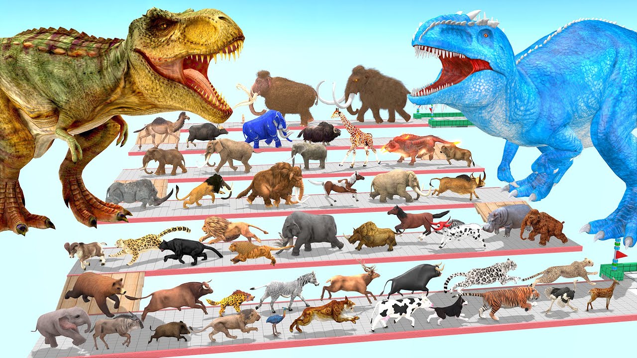 The Ultimate Battle 44 Wild Animals vs GIGA T-REX Dinosaur Epic Run Zigzag Down Course! from Outside