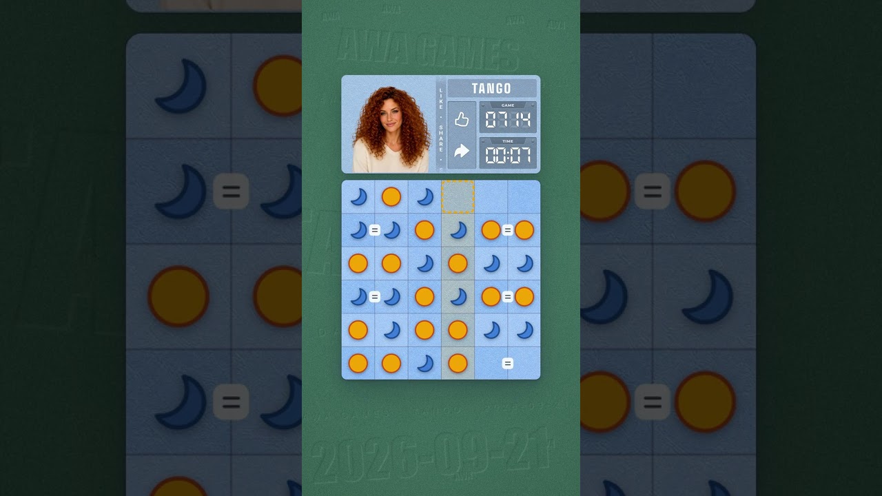 LinkedIn Tango #714 solved board for September 21, 2026, 6x6 grid