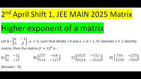 Let A = [(α&-1@6&β)],α0, such that det(A) = 0 and α+β = 1. If I denotes 2×2 identity matrix, the
