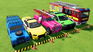 TRANSPORTING POLICE CARS, FIRE TRUCK, COLORFUL POLICE CARS, TRUCK, FARMING SIMULATOR 22