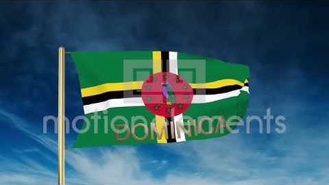 Dominica Flag Slider Style With Title. Waving In The Wind With Cloud Background Stock Animation