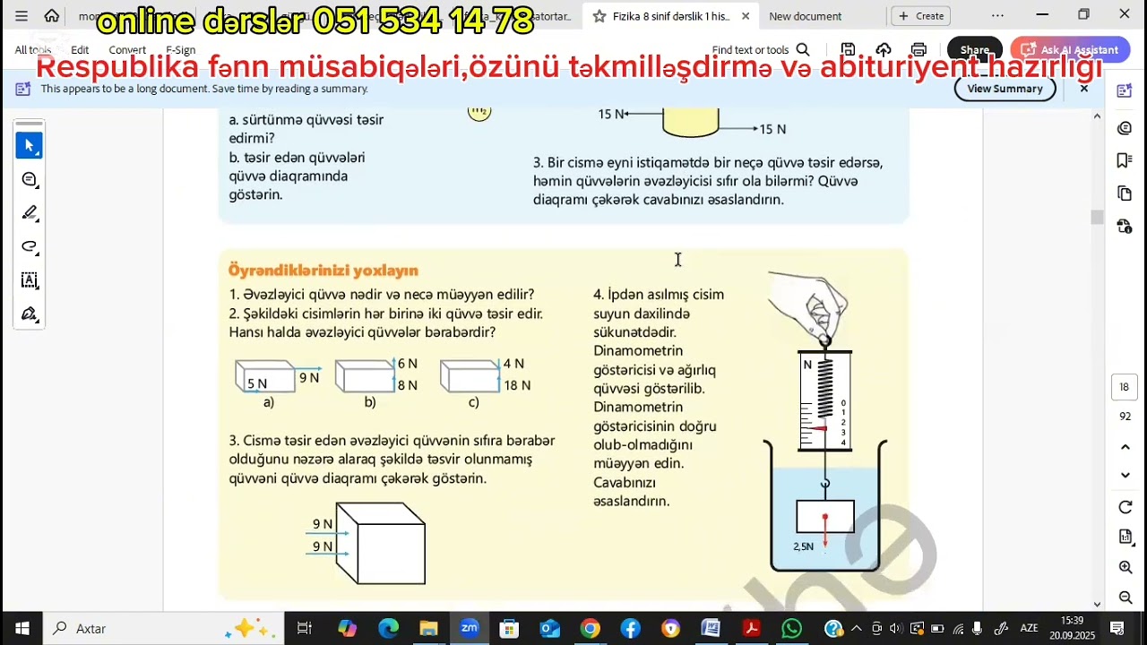 8-ci sinif fizika Yeni dərslik.Əvəzləyici qüvvə Tapşırıq izahları səh 13-16 #fizika #dərslər 