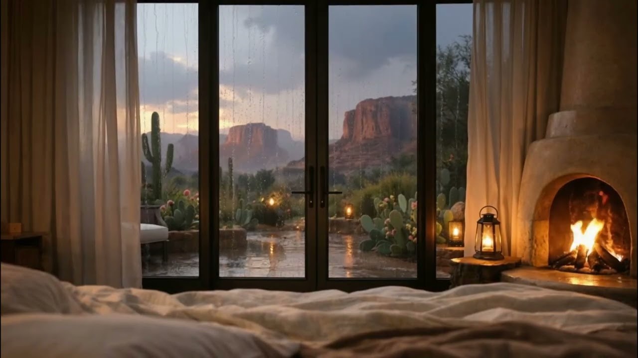 Sedona Afternoon Rain | Fireplace, Rain, & Occasional Thunder Ambience | Relax or Focus (6 Hours)
