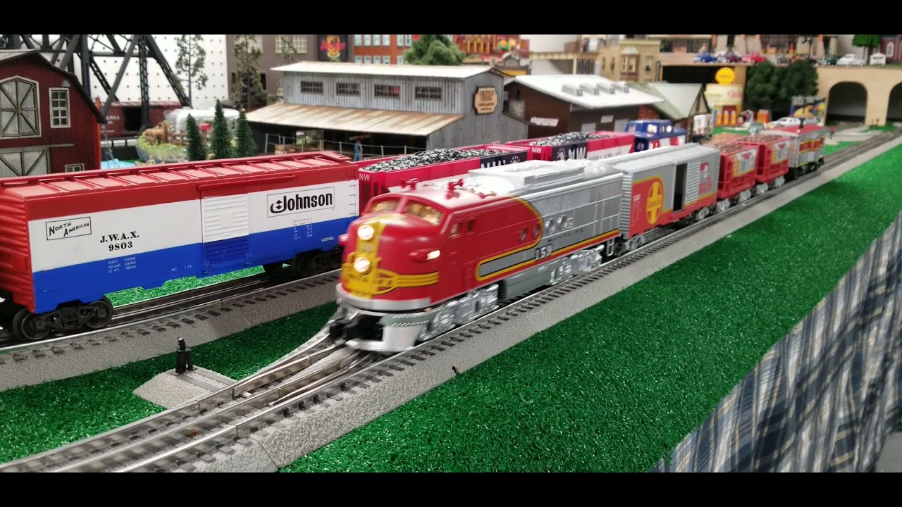 Lionel Lionchief Santa Fe and Burlington Route Engines with Menards, Lionel & K-Line rolling stock.