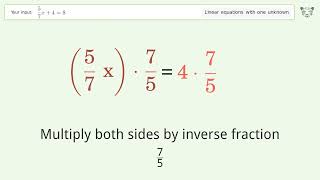 Linear equation with one unknown: Solve 5/7x+4=8 step-by-step solution