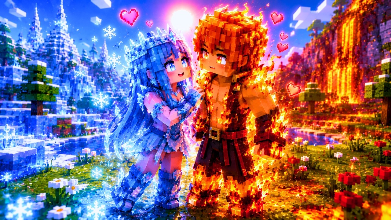 A GAROTA de GELO se APAIXONOU pelo GAROTO ELEMENTAL de FOGO no Minecraft!
